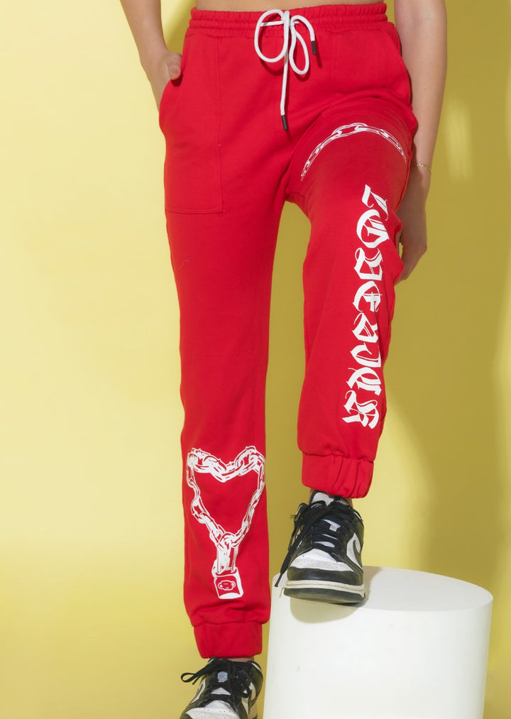 Heart Lock Printed Joggers in Red
