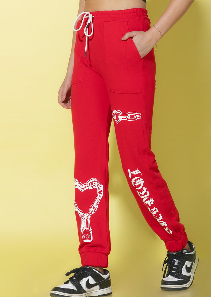 Heart Lock Printed Joggers in Red