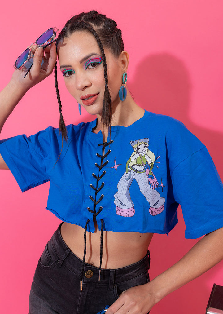 Anime Printed Boxy Crop Top in Blue