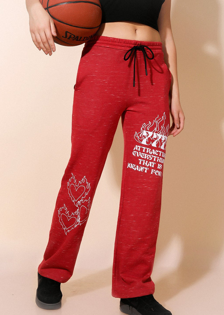 Fire Heart Printed Trousers in Red