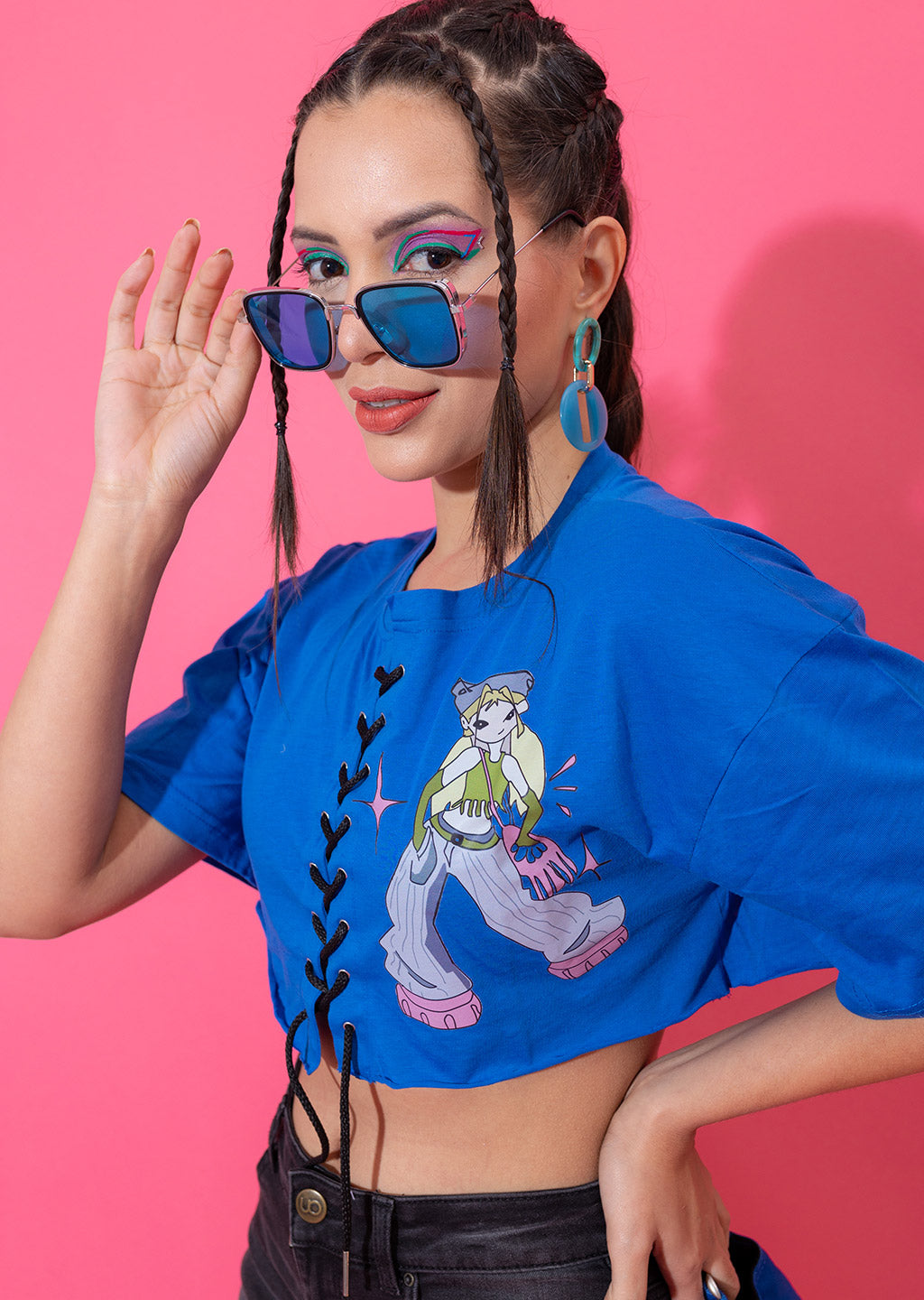 Anime Printed Boxy Crop Top in Blue