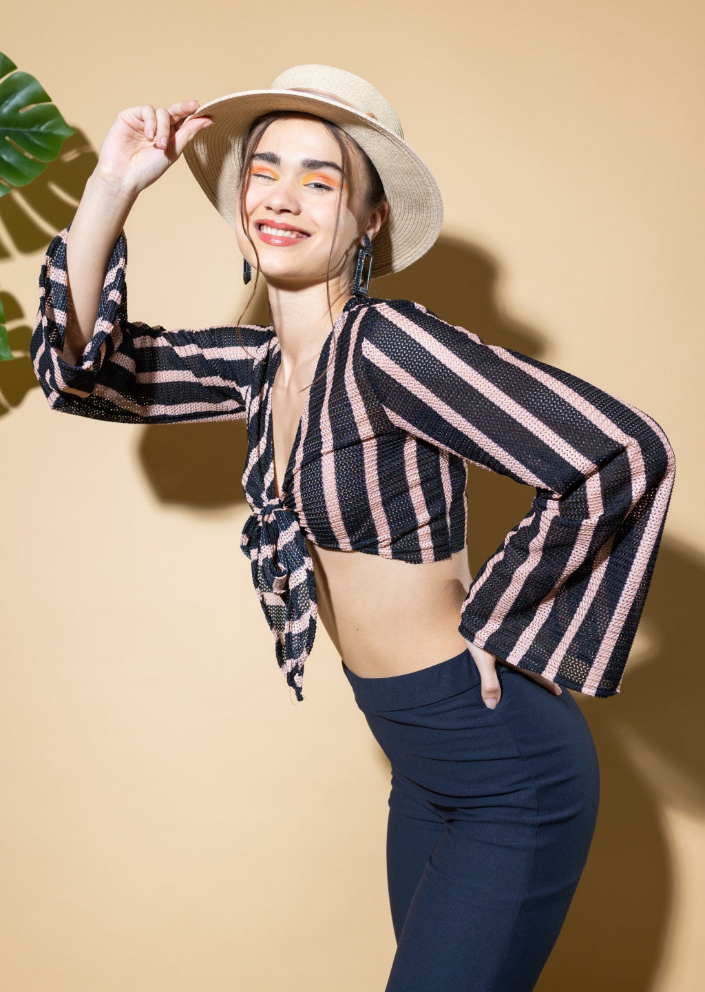 Peach Striped Front Knot Blouse Top