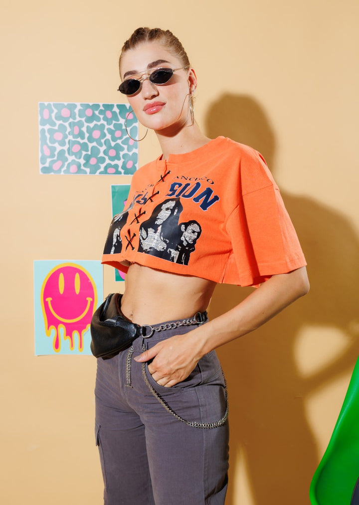 Mission Printed Tie Up Crop T-Shirt