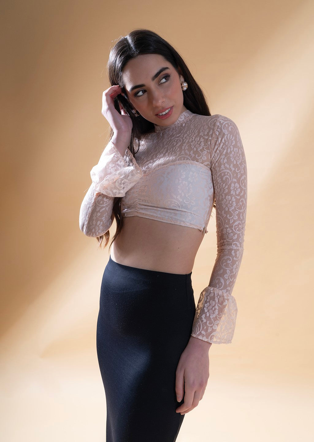 Long Sleeve Lace Crop Top in Peach