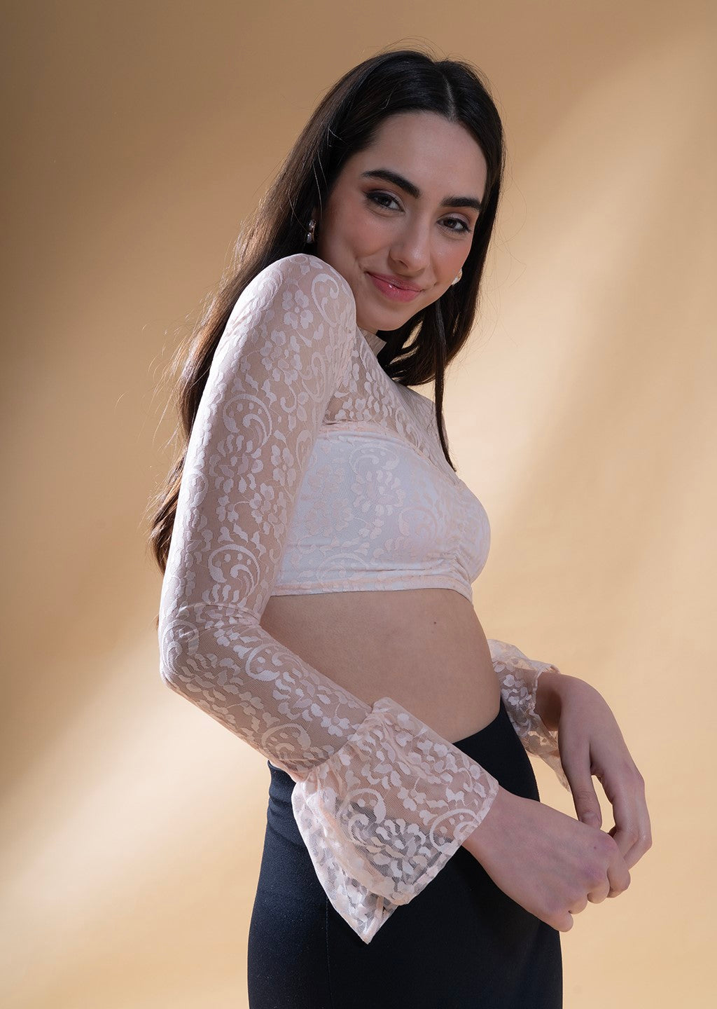 Long Sleeve Lace Crop Top in Peach