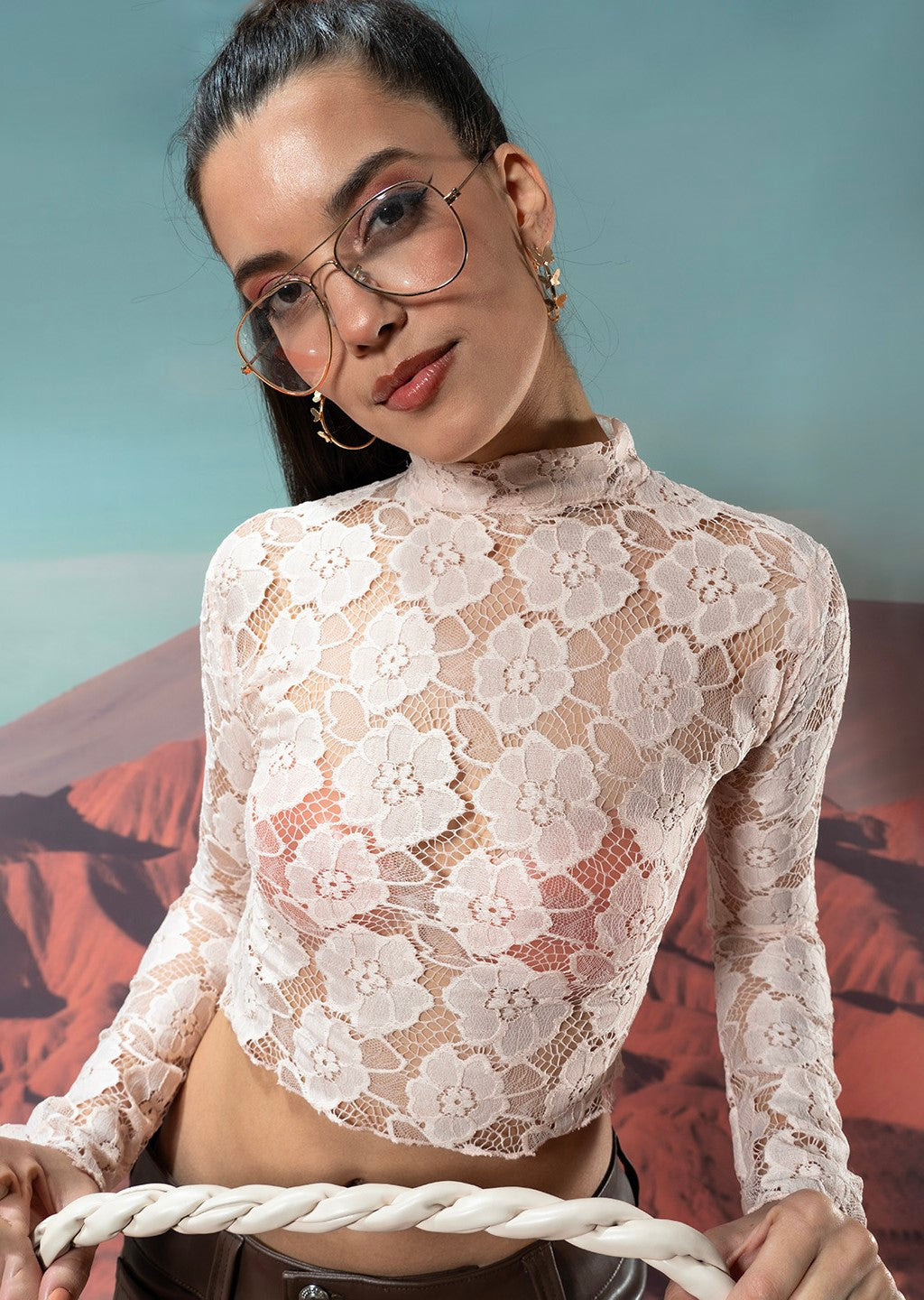 White High Neck Lace Top