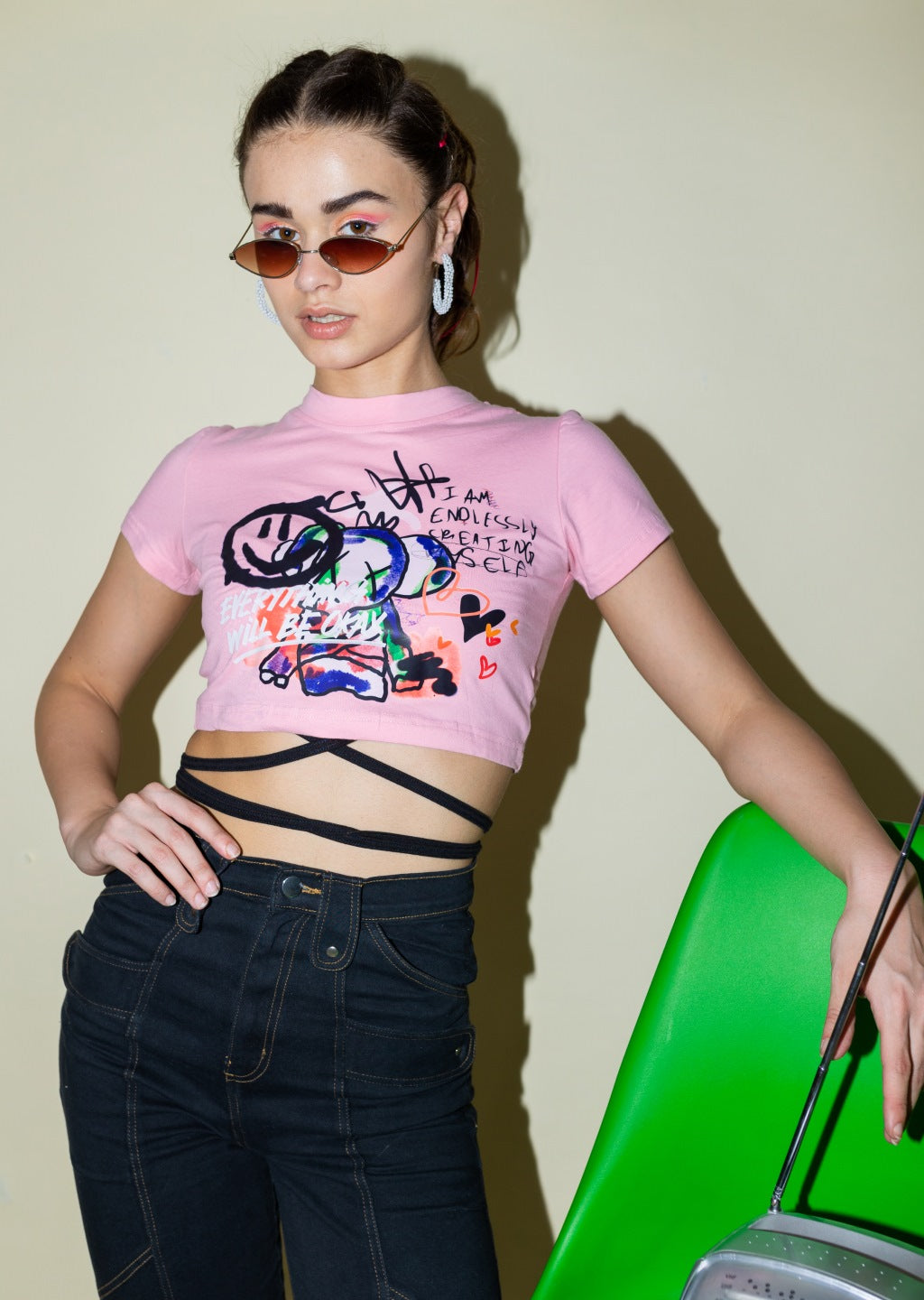 Scribble Stories Graphic Crop Top with a Waist Tie
