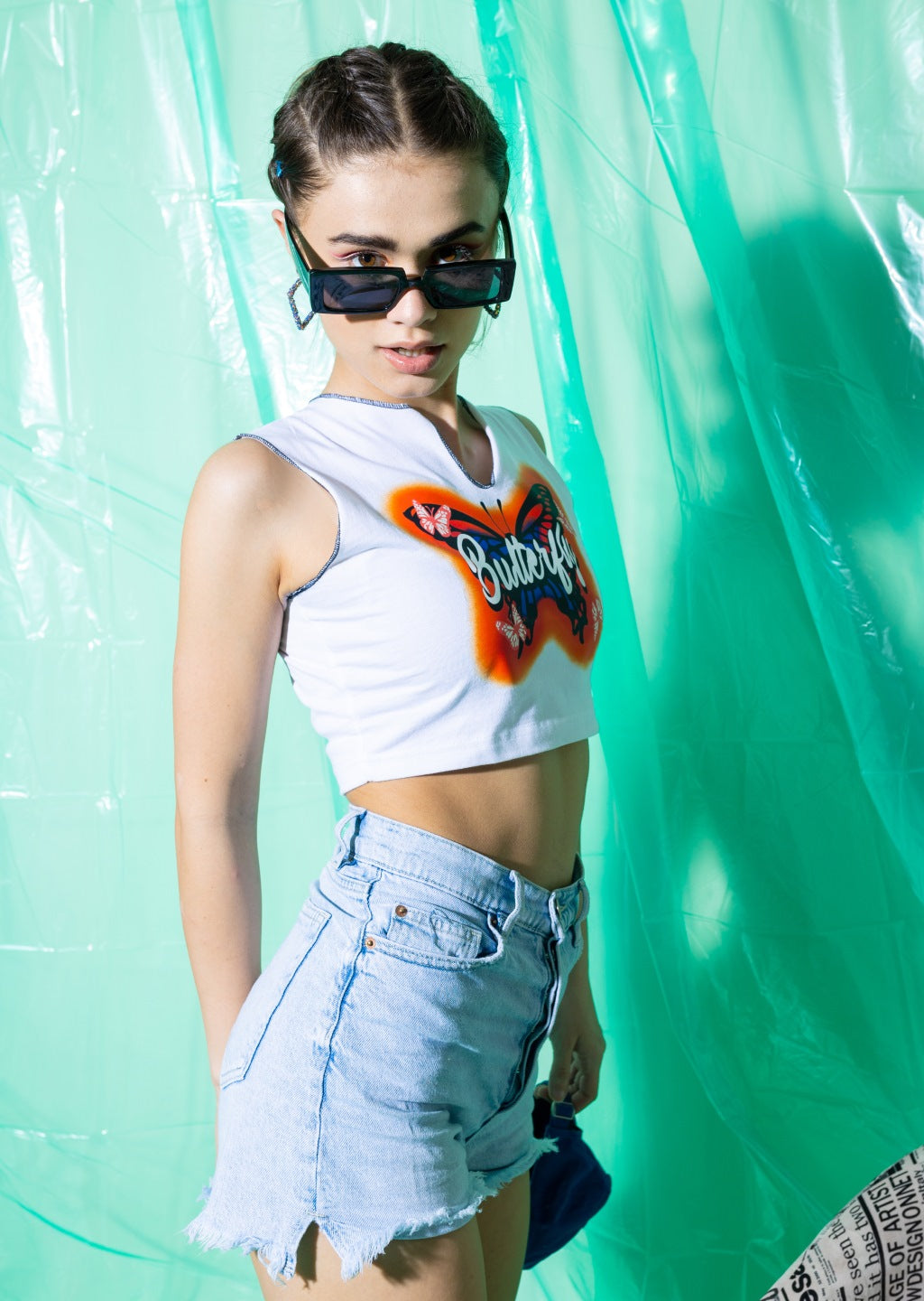 Butterfly Printed Crop Top in White